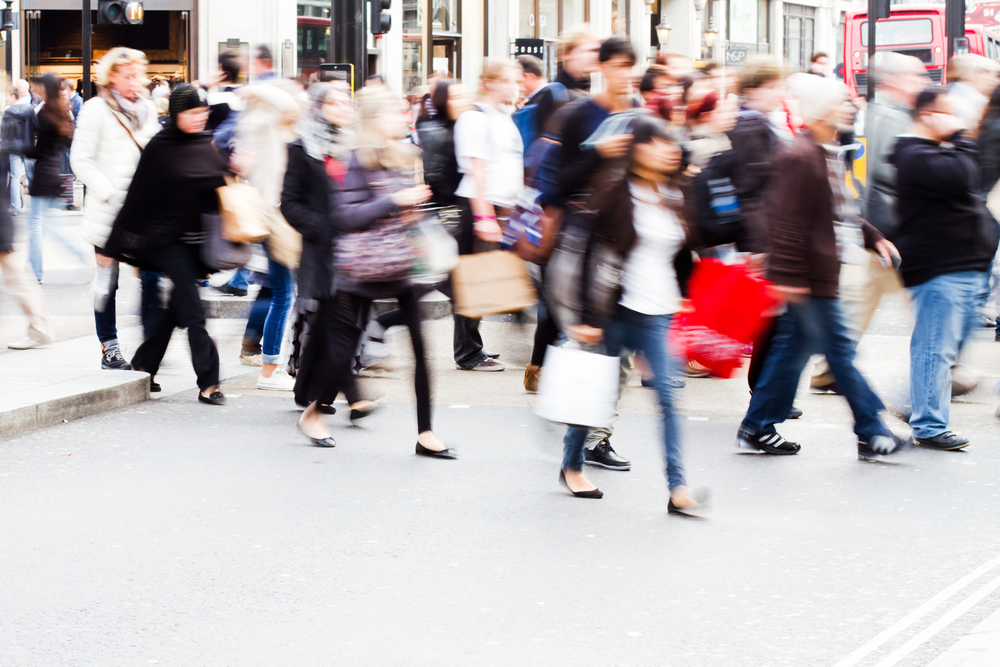 A busy intersection during holiday shopping season.